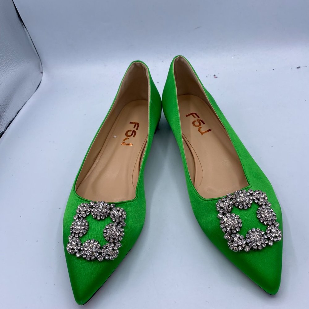 FSJ Green Satin Pointed Toe Low Heels  Hollow Out Rhinestones Buckle Pumps